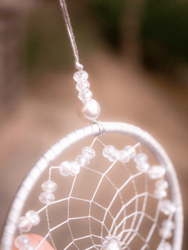 Silver Webbed Dreamcatcher with Purple Feathers and Clear Beads