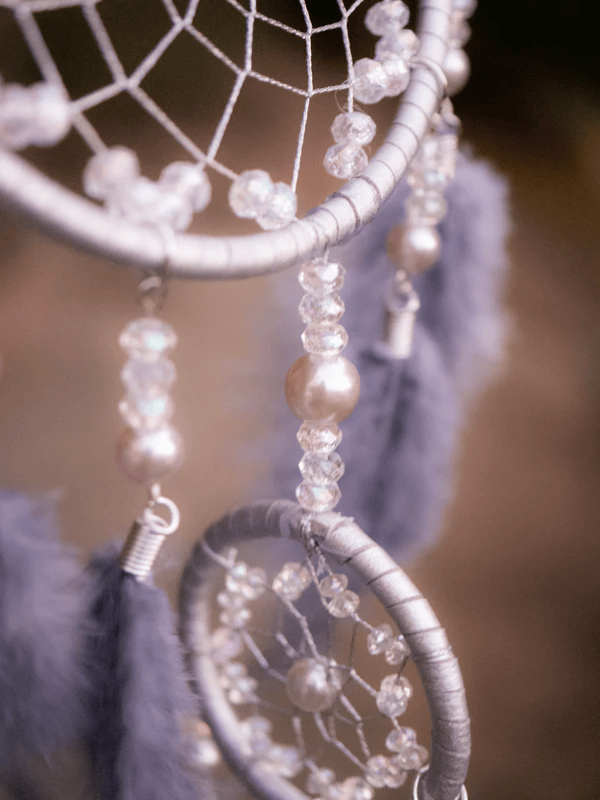 Silver Webbed Dreamcatcher with Purple Feathers and Clear Beads