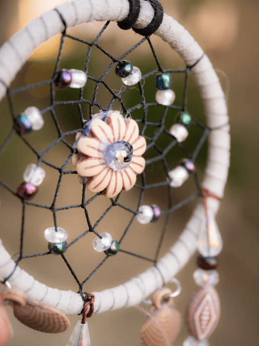 Small Beige Dreamcatcher with Brown Feathers and Wooden Beads