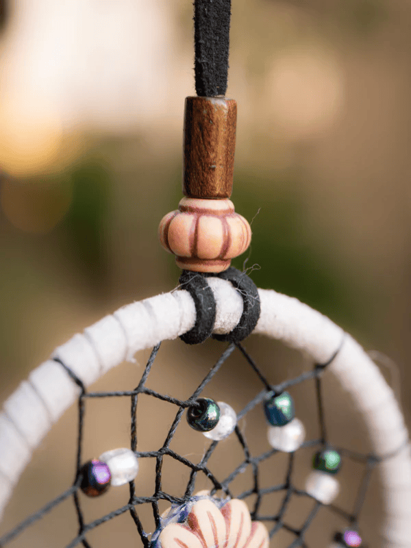 Small Beige Dreamcatcher with Brown Feathers and Wooden Beads