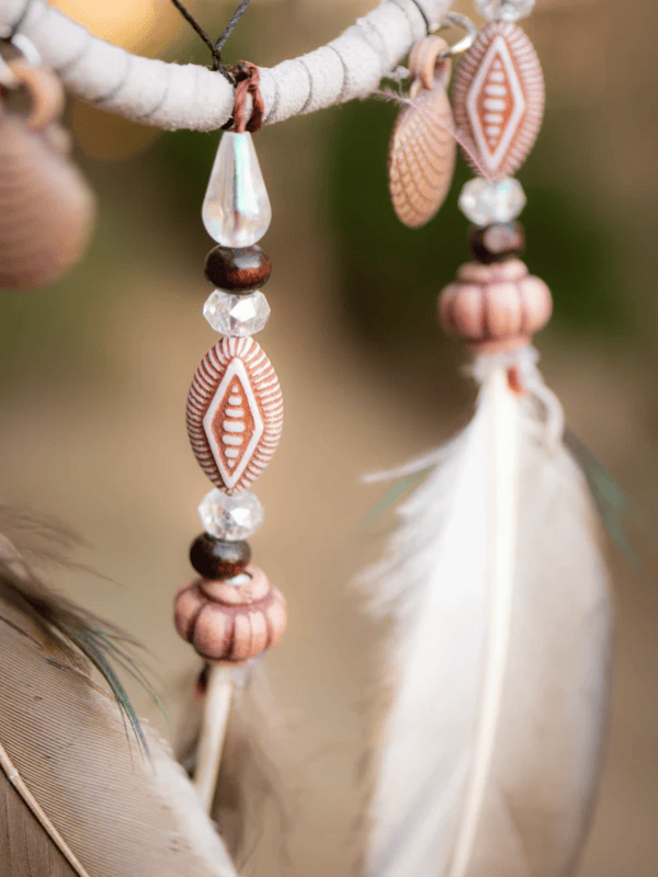 Small Beige Dreamcatcher with Brown Feathers and Wooden Beads