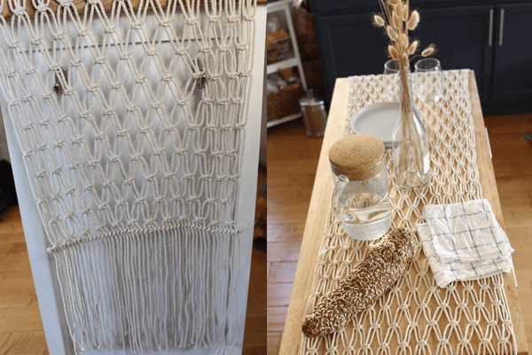 90" Antique White Macrame Table Runner Woven Crocheted Design
