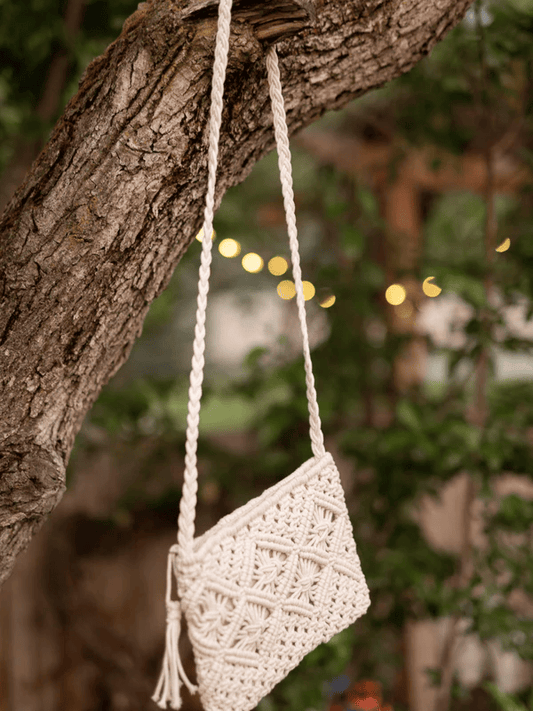 White Cotton Macrame Purse Hand-Knotted Small Crossbody Bag