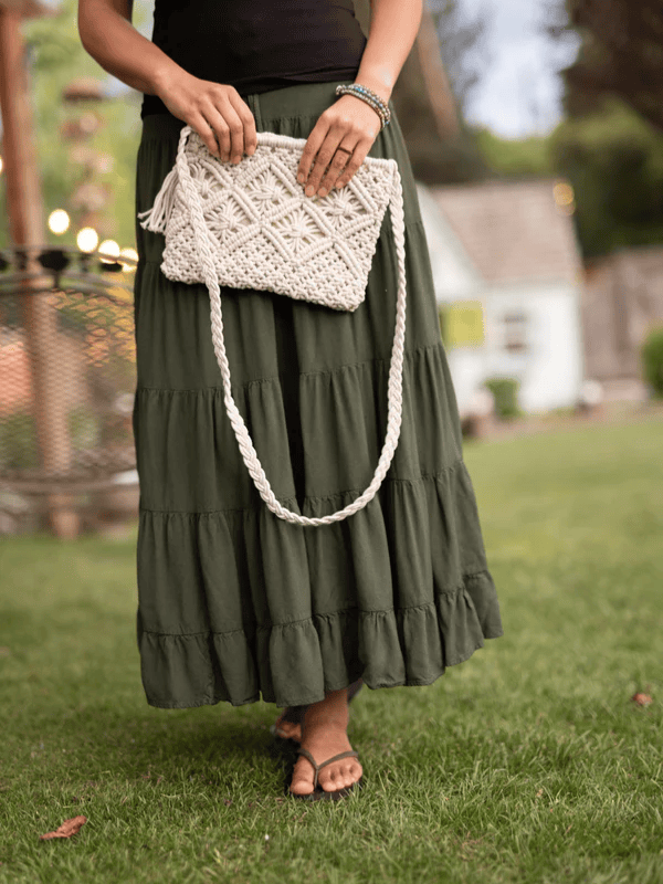 White Cotton Macrame Purse Hand-Knotted Small Crossbody Bag