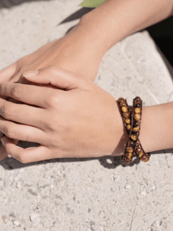 Natural Tiger Eye Gemstone 2-Wrap Vegan Leather Bracelet