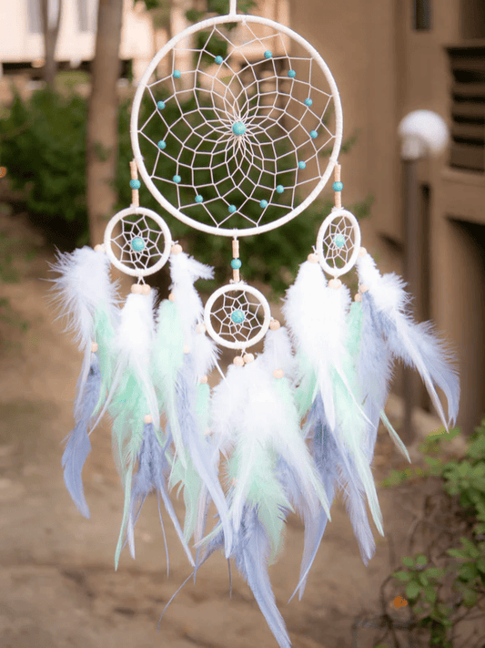 Large Ombre White Indigo Dreamcatcher with Turquoise Beads and Feathers