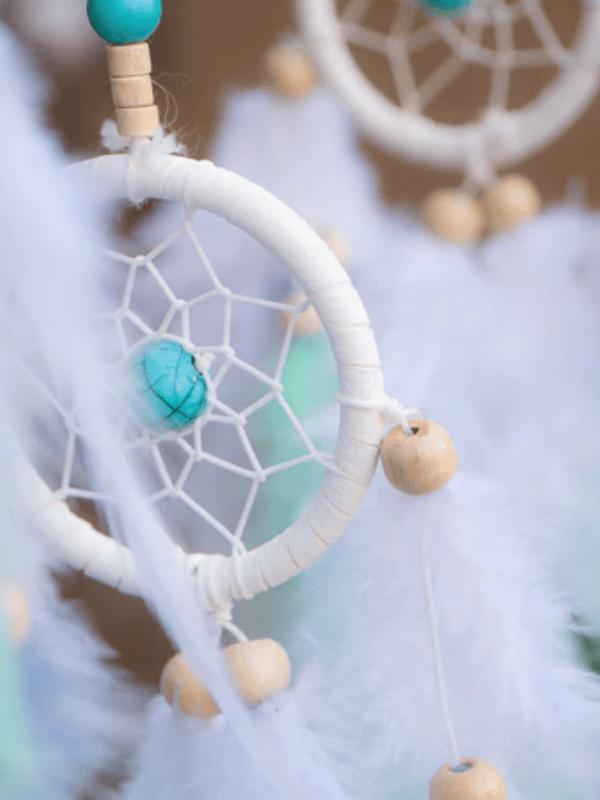 Large Ombre White Indigo Dreamcatcher with Turquoise Beads and Feathers