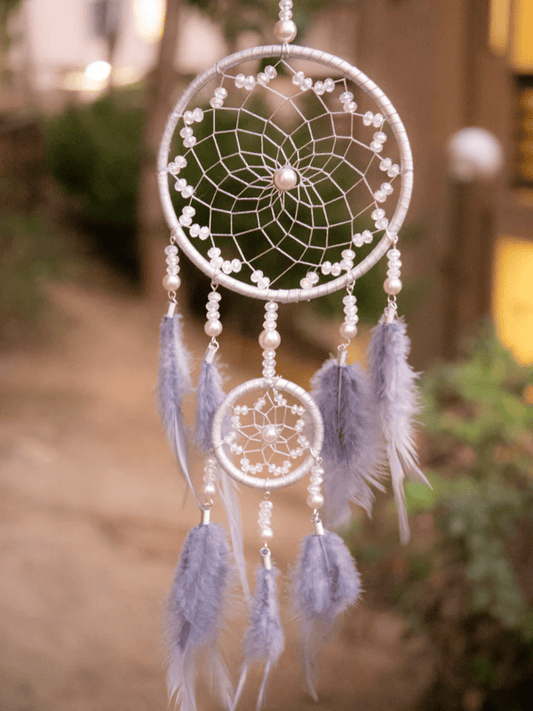 Silver Webbed Dreamcatcher with Purple Feathers and Clear Beads