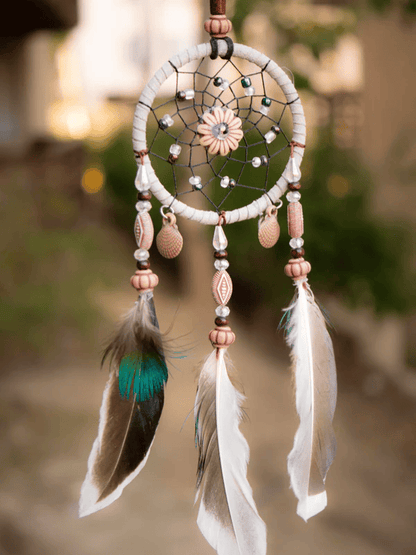 Small Beige Dreamcatcher with Brown Feathers and Wooden Beads
