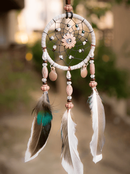 Small Beige Dreamcatcher with Brown Feathers and Wooden Beads