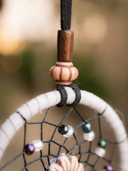 Small Beige Dreamcatcher with Brown Feathers and Wooden Beads