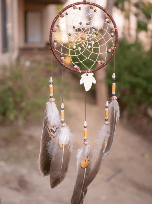 Leaf Dreamcatcher with Wooden Beads and Feathers Wall Hanging