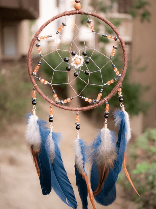 Bright Blue Feather Dreamcatcher with Beads and Wall Hanging