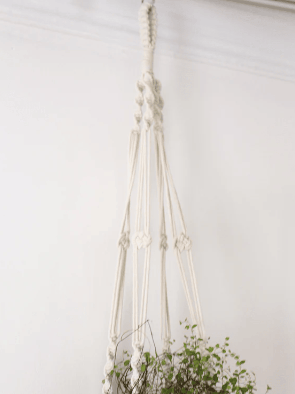 White Macrame Plant Hanger with Geometric Patterns and Tassels