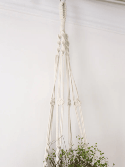 White Macrame Plant Hanger with Geometric Patterns and Tassels