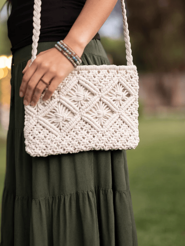 White Cotton Macrame Purse Hand-Knotted Small Crossbody Bag