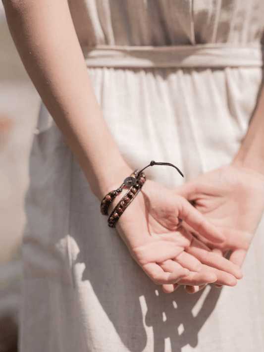 Natural Tiger Eye Gemstone 2-Wrap Vegan Leather Bracelet