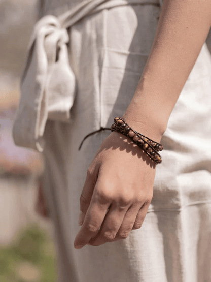Natural Tiger Eye Gemstone 2-Wrap Vegan Leather Bracelet